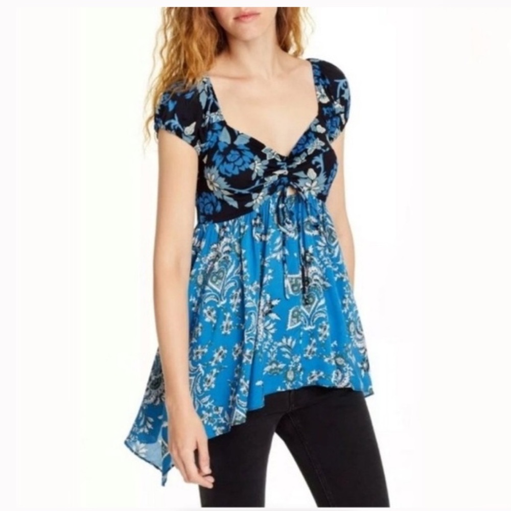NWOT Free People Floral Blue and Black Women's Top